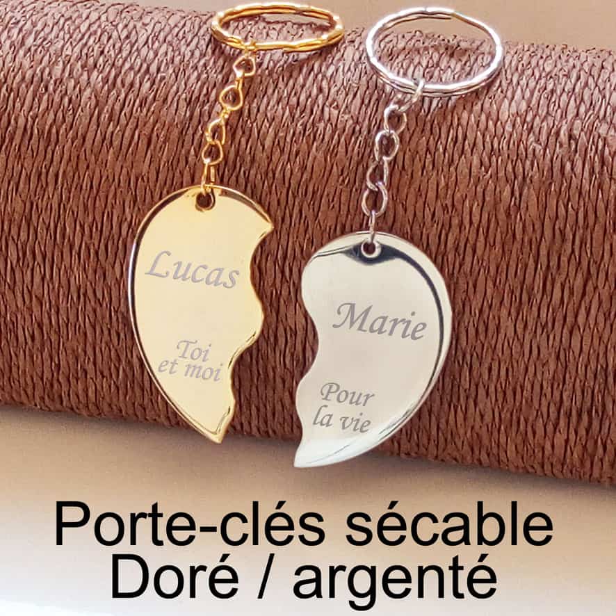 Porte clés mariage couple personnalisé bois massif - coeur